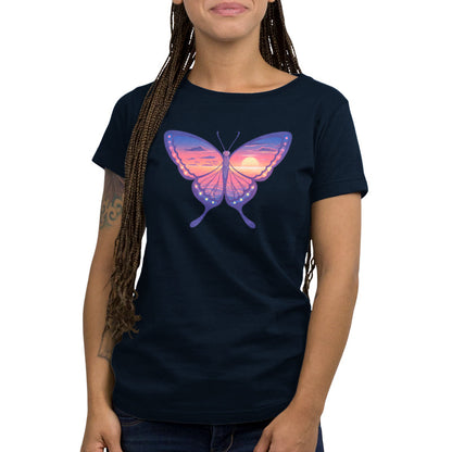 Premium Cotton T-shirt_TeeTurtle navy blue Sunset Butterfly. Featuring a butterfly with a sunset ocean landscape on its wings.