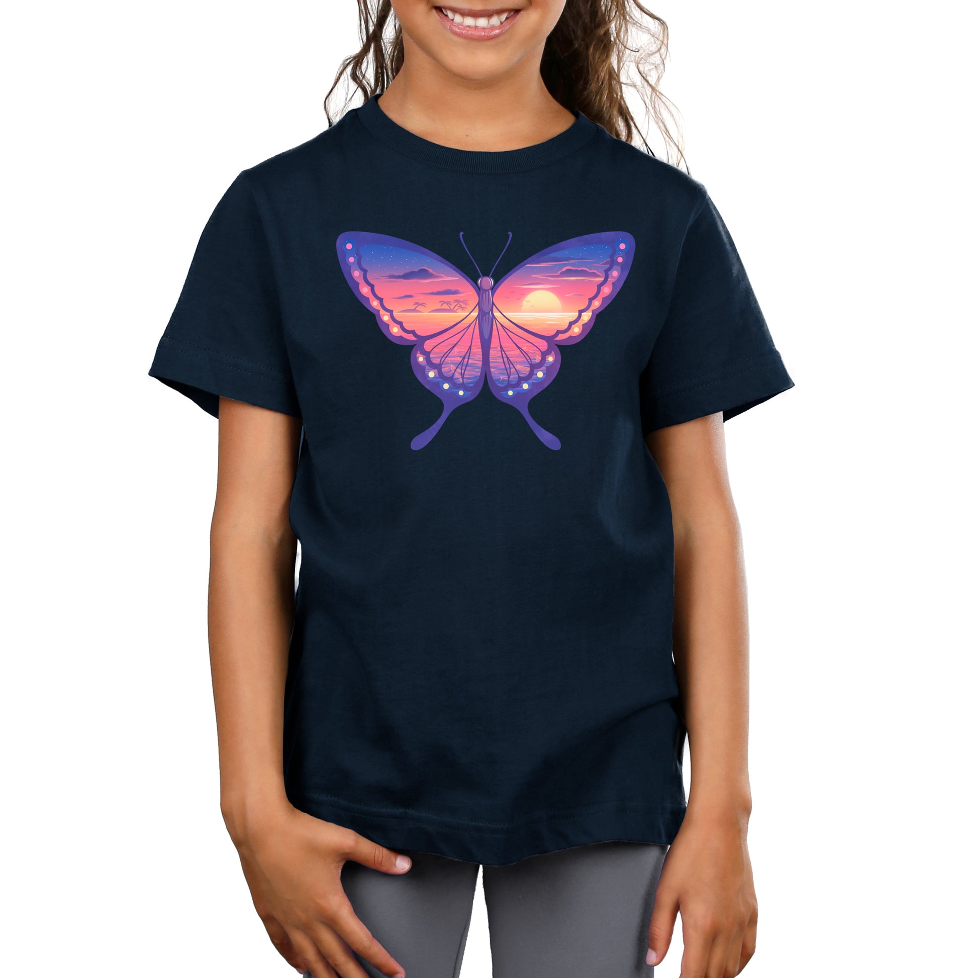 Premium Cotton T-shirt_TeeTurtle navy blue Sunset Butterfly. Featuring a butterfly with a sunset ocean landscape on its wings.