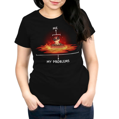 Premium Cotton T-shirt_TeeTurtle black Surrounded by Problems apparel featuring a pug sitting on a rock surrounded by lava, with the pub labeled, “Me”, and the lava being labeled, “My Problems”.