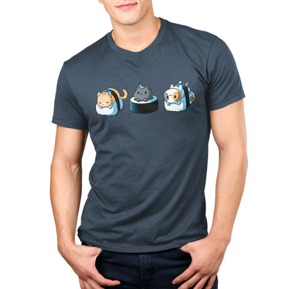 Premium Cotton T-shirt - A person wears a denim blue apparel from monsterdigital featuring the adorable Sushi Cats: one in a sushi roll, one in a maki roll, and one in a nigiri style.