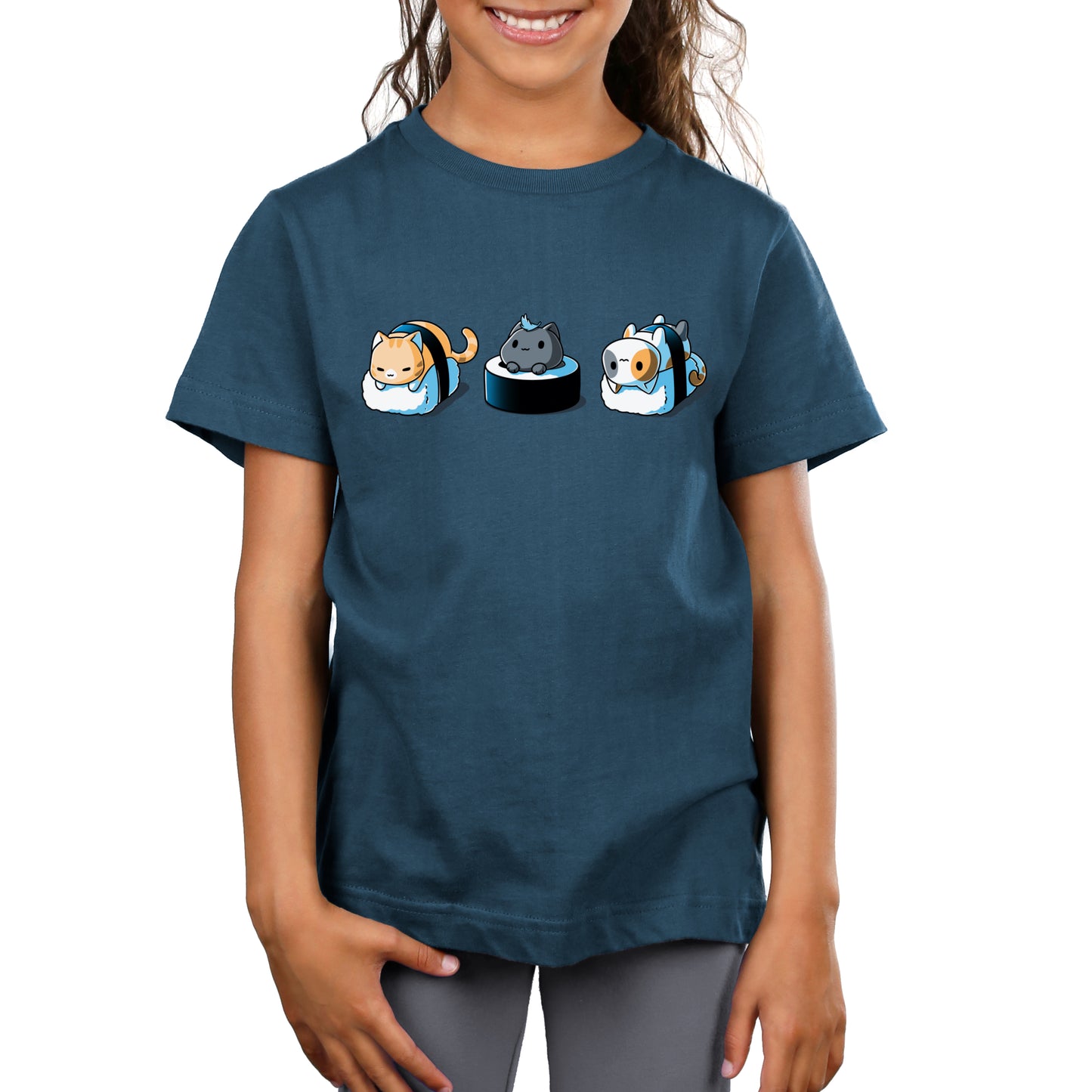 Premium Cotton T-shirt - A child wearing a denim blue monsterdigital apparel with illustrations of three cats depicted as Sushi Cats.