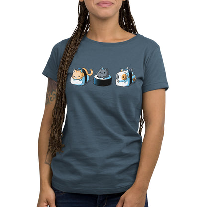 Premium Cotton T-shirt - Person wearing a denim blue monsterdigital apparel featuring three illustrated Sushi Cats in space helmets.