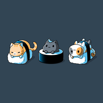 Premium Cotton T-shirt_Teeturtle denim blue Sushi Cats apparel featuring three cats styled as sushi: the left cat wrapped in seaweed on rice, the middle cat atop a rice and seaweed base, and the right cat wrapped in seaweed on rice.