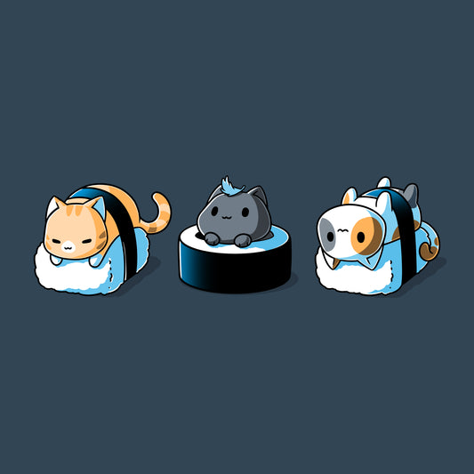 Premium Cotton T-shirt - monsterdigital's Sushi Cats design features three cartoon cats styled as sushi: the left cat wrapped in seaweed on rice, the middle cat atop a rice and seaweed base, and the right cat with fish-shaped features wrapped in seaweed on rice. Perfect for a denim blue apparel.