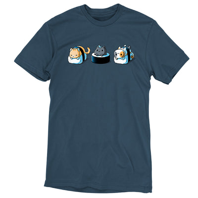 Premium Cotton T-shirt_Teeturtle denim blue Sushi Cats apparel featuring three cats styled as sushi: the left cat wrapped in seaweed on rice, the middle cat atop a rice and seaweed base, and the right cat wrapped in seaweed on rice.