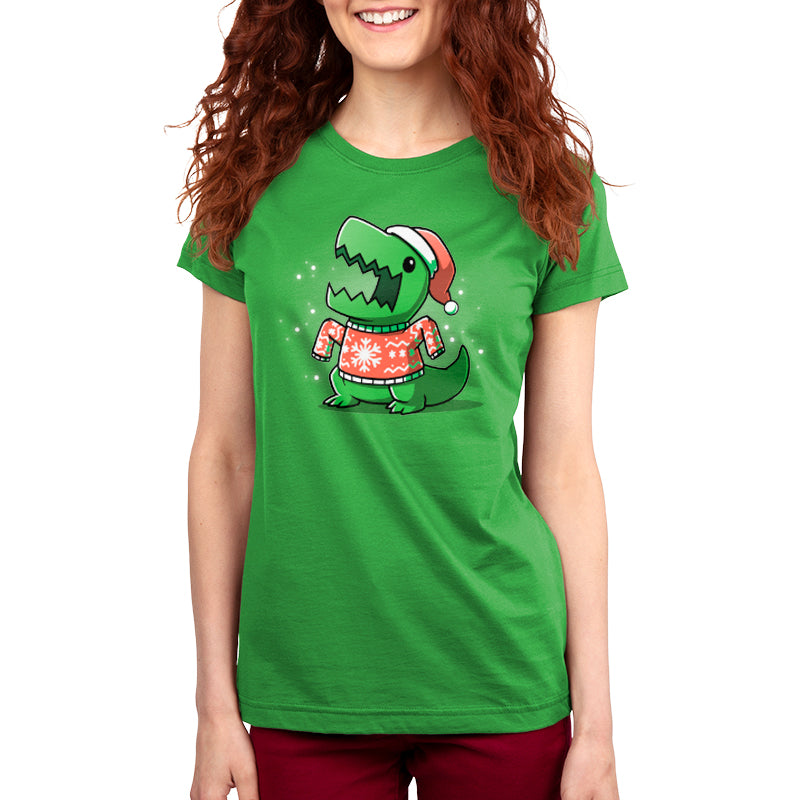 Premium Cotton T-shirt - A TeeTurtle T-Rex Christmas Sweater donning a Santa hat on an Ugly Christmas Sweatersaurus.