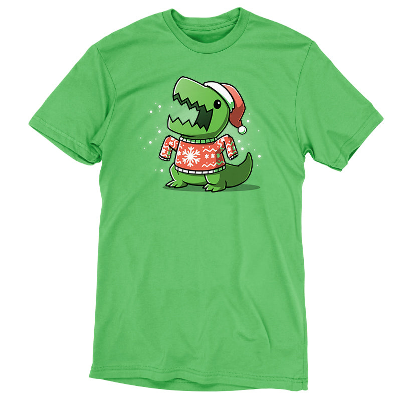 Premium Cotton T-shirt - A TeeTurtle T-Rex Christmas Sweater donning a Santa hat on an Ugly Christmas Sweatersaurus.