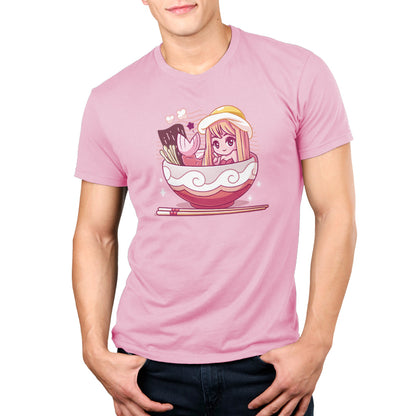 Premium Cotton T-shirt_TeeTurtle pink Tempura Mermaid. Featuring a mermaid with a tempura tail in a ramen bowl.