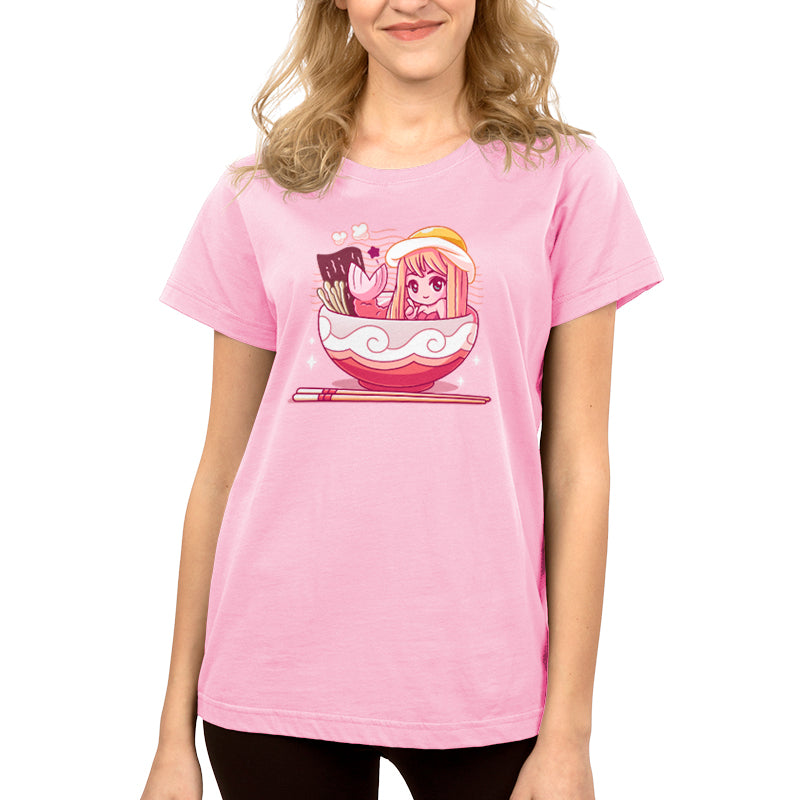 Premium Cotton T-shirt_TeeTurtle pink Tempura Mermaid. Featuring a mermaid with a tempura tail in a ramen bowl.