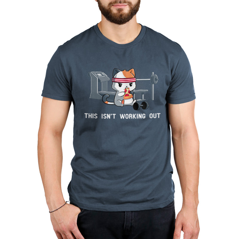 Premium Cotton T-shirt_Teeturtle This Isn't Working Out denim t-shirt featuring a cat wearing a headband, eating pizza in a gym with exercise equipment in the background. The text "This Isn't Working Out" is written below.