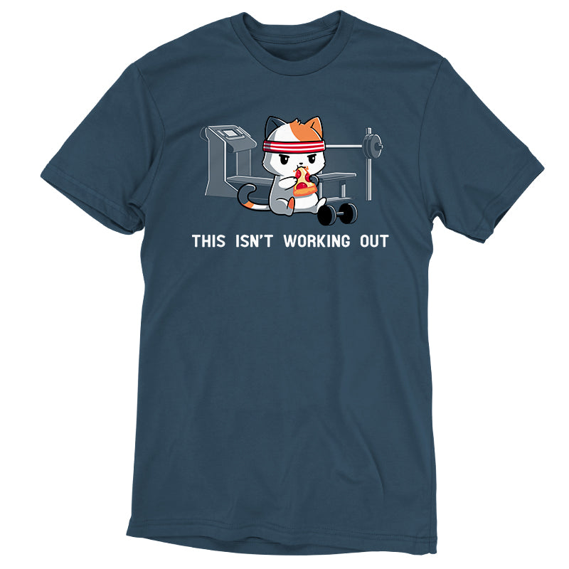 Premium Cotton T-shirt_Teeturtle This Isn't Working Out denim t-shirt featuring a cat wearing a headband, eating pizza in a gym with exercise equipment in the background. The text "This Isn't Working Out" is written below.