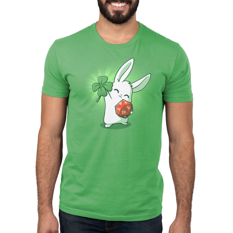 Premium Cotton T-shirt_Teeturtle This is My Lucky Shirt Apple Green Featuring a white rabbit holding up a four leaf clover in one paw while gripping a D20 dice in the other.