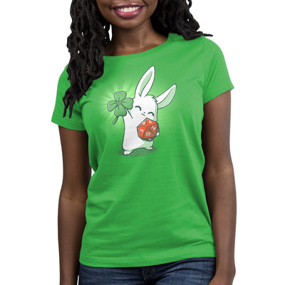 Premium Cotton T-shirt_Teeturtle This is My Lucky Shirt apple t-shirt featuring a white rabbit smiling with its' eyes closed holding up a four leaf clover in one paw while gripping a D20 dice in the other.