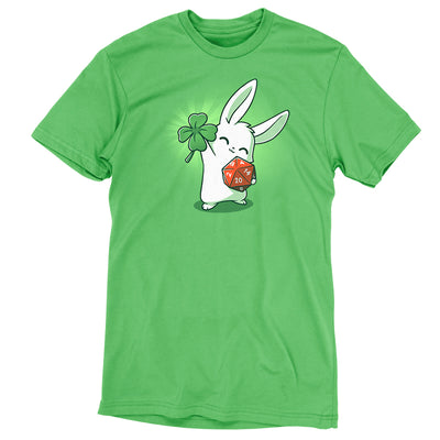 Premium Cotton T-shirt_Teeturtle This is My Lucky Shirt apple t-shirt featuring a white rabbit smiling with its' eyes closed holding up a four leaf clover in one paw while gripping a D20 dice in the other.