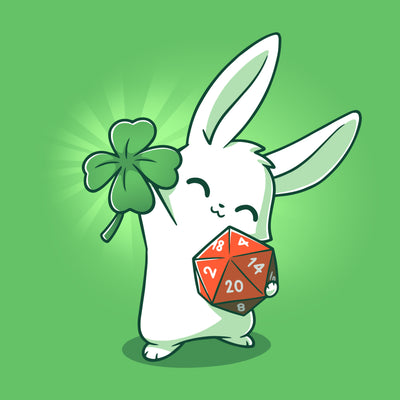 Premium Cotton T-shirt_Teeturtle This is My Lucky Shirt apple t-shirt featuring a white rabbit smiling with its' eyes closed holding up a four leaf clover in one paw while gripping a D20 dice in the other.