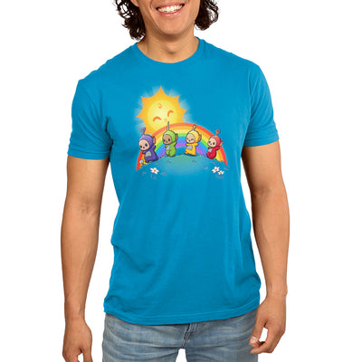 Premium Cotton T-shirt_TeeTurtle cobalt blue Time for Teletubbies apparel featuring Tinky Winky, Dipsy, Laa Laa, and Po walking on a grassy meadow with a rainbow and smiling sun in the background.