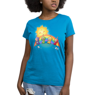 Premium Cotton T-shirt_TeeTurtle cobalt blue Time for Teletubbies apparel featuring Tinky Winky, Dipsy, Laa Laa, and Po walking on a grassy meadow with a rainbow and smiling sun in the background.