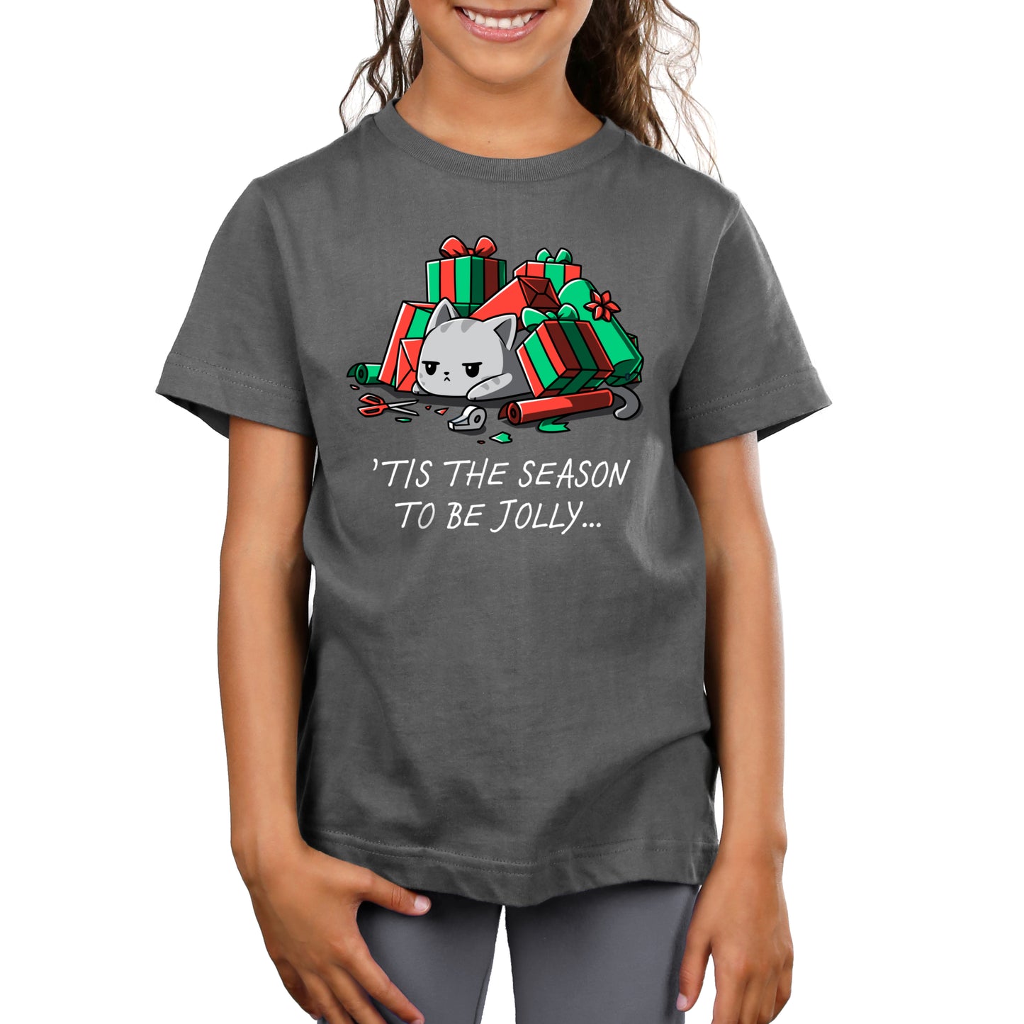 Premium Cotton T-shirt - A child wearing a charcoal gray apparel made of super soft ringspun cotton, featuring an illustration of a cat surrounded by gifts and the text, 'Tis the Season to be Jolly' from monsterdigital.