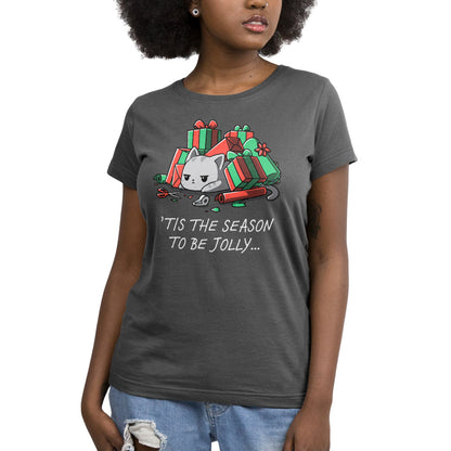 Premium Cotton T-shirt - A person is wearing a super soft ringspun cotton Tis the Season to be Jolly apparel by monsterdigital in charcoal gray with a cartoon cat, holiday gifts, and the phrase "'Tis the Season to be Jolly..." printed on it.