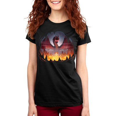 Premium Cotton T-shirt_TeeTurtle black Treasure Seeker apparel featuring a red panda looking at a pile of golden treasure in a cave with sparkling eyes with a dragon looming behind it.