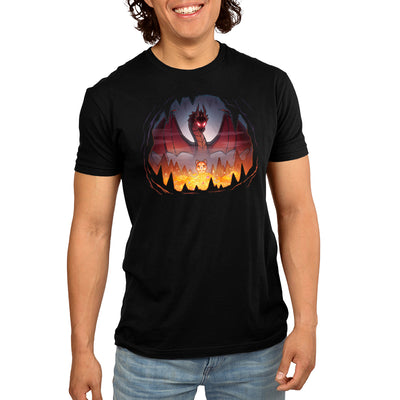 Premium Cotton T-shirt_TeeTurtle black Treasure Seeker apparel featuring a red panda looking at a pile of golden treasure in a cave with sparkling eyes with a dragon looming behind it.