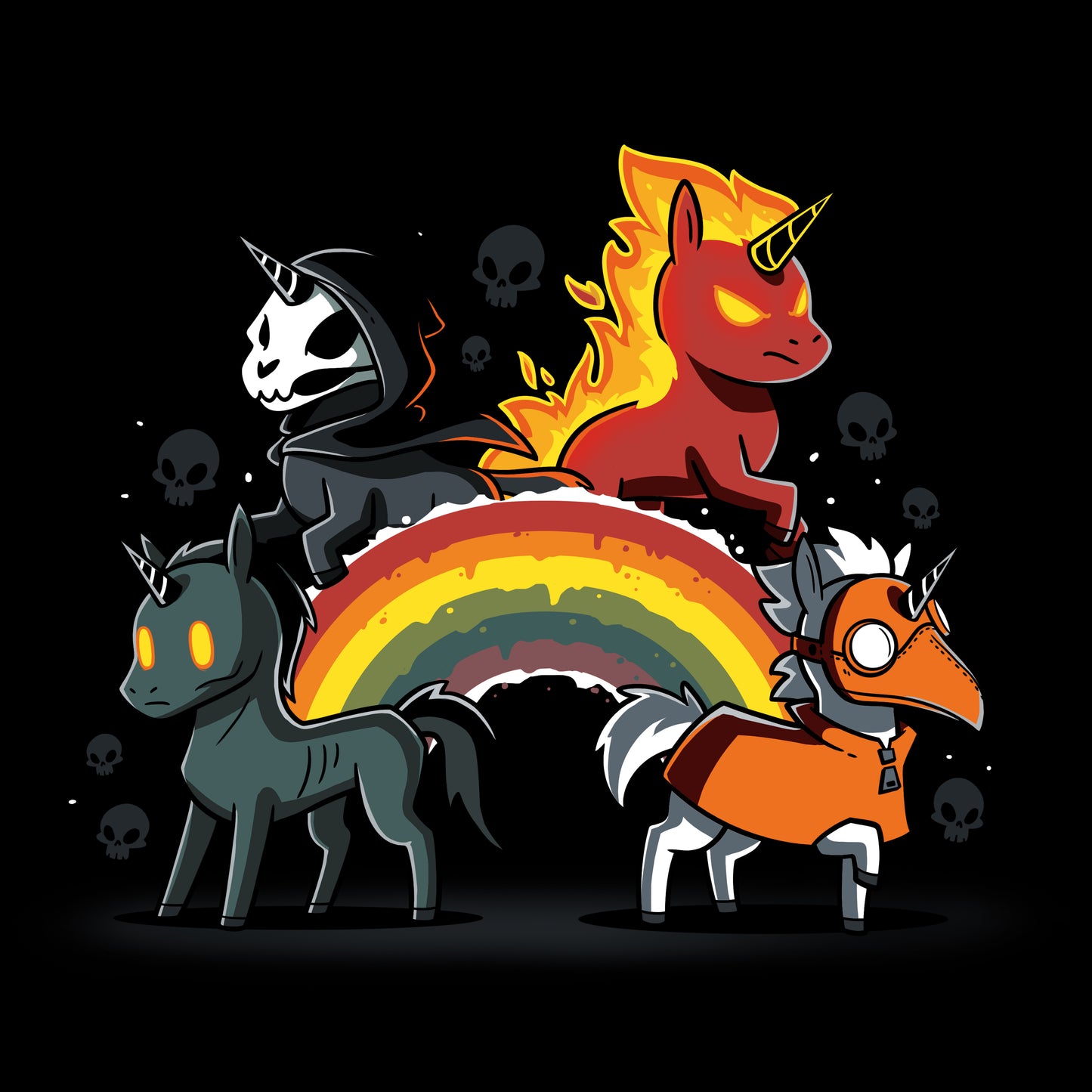 Premium Cotton T-shirt_Four Unicorns of the Apocalypse stand on and around a rainbow. One has a cloak and scythe, another is fiery, the third has glowing eyes, and the fourth wears a plague doctor mask. Skulls are in the background. This haunting scene is beautifully captured on a black ringspun cotton Four Unicorns of the Apocalypse monsterdigital apparel.