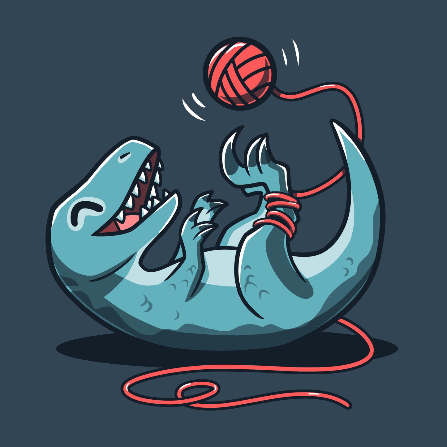 Premium Cotton T-shirt_TeeTurtle Velocikitty Denim t-shirt featuring an illustration of a velociraptor laying on its back, entangled in red yarn, playing happily with a ball of yarn above it in the air.