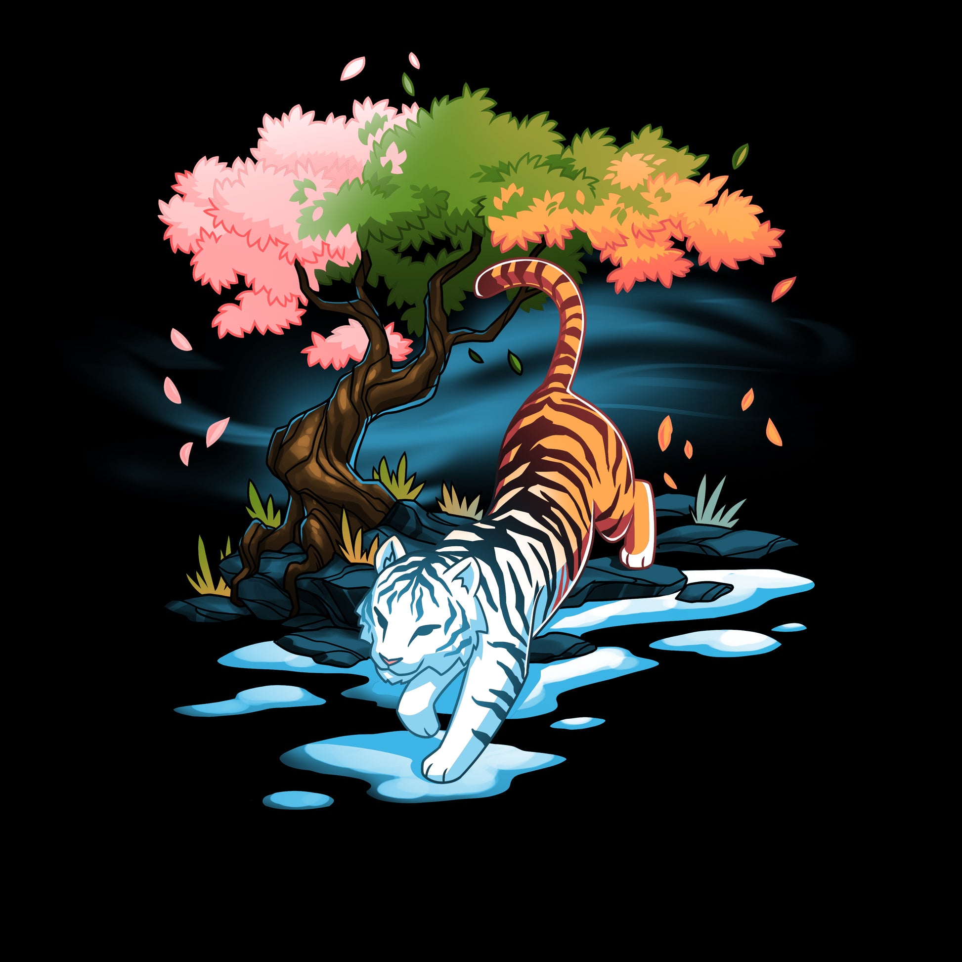 Premium Cotton T-shirt - A white tiger walks on a reflective water surface next to a vibrant tree with pink and green leaves against a dark background, its majestic stride akin to the serene elegance of an exclusive Season Keeper by monsterdigital design.