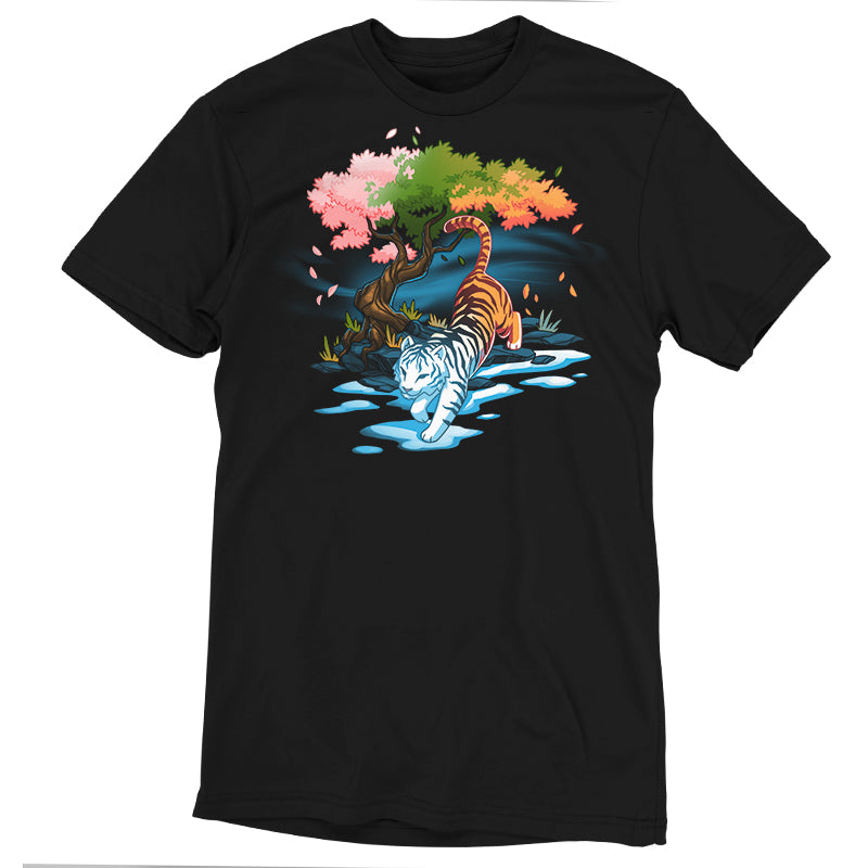 Premium Cotton T-shirt - A monsterdigital Season Keeper black apparel featuring a striking design of a tiger walking on stones with a colorful bonsai tree in the background.