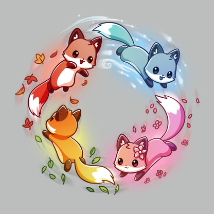 Premium Cotton T-shirt_TeeTurtle silver gray Seasonal Foxes apparel featuring a pink spring fox, gold summer fox, orange autumn fox, and blue winter fox chasing each other in a circle.