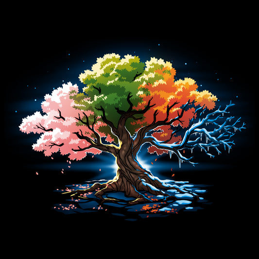 Premium Cotton T-shirt - featuring a tree with all four seasons represented in its leaves. One fourth has pink leaves, one fourth has green, one fourth has orange, and the last bit is has frozen branches