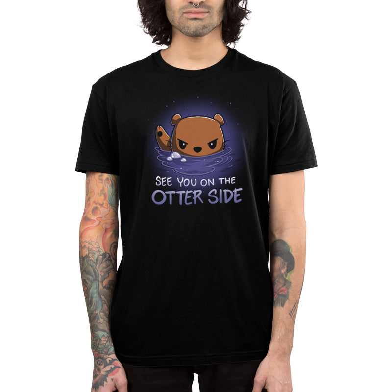 Premium Cotton T-shirt_TeeTurtle See you on the Otter Side black t-shirt featuring sarcastic cartoon otter with a serious expression partially submerged in water with bubbles around.