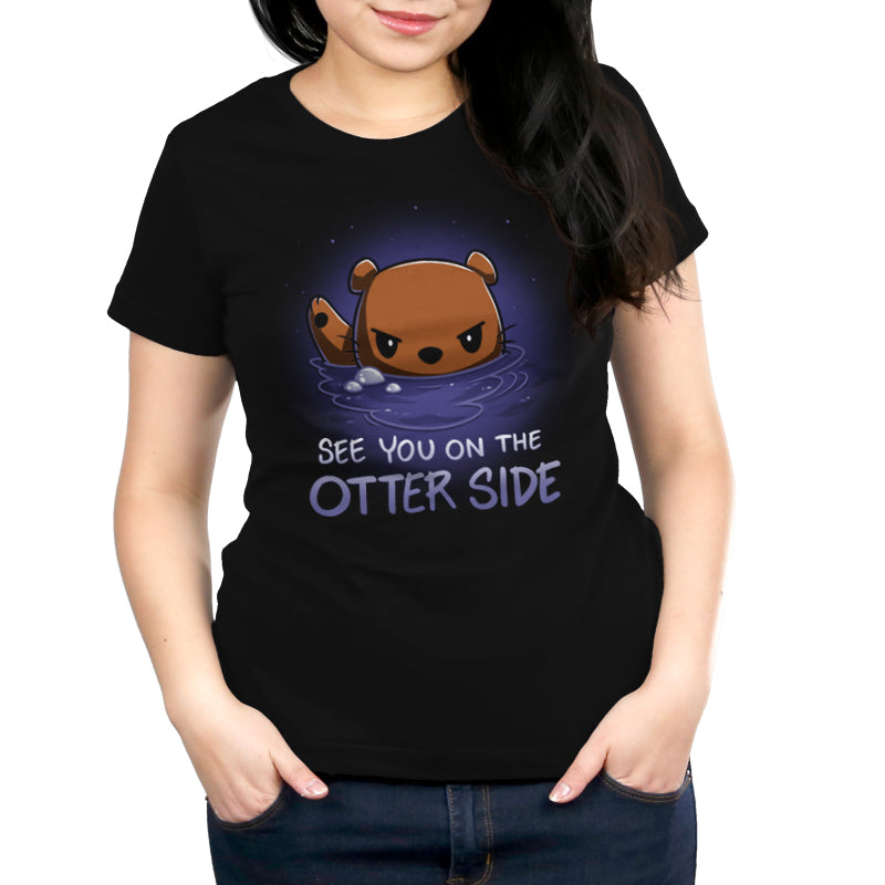 Premium Cotton T-shirt_TeeTurtle See you on the Otter Side black t-shirt featuring sarcastic cartoon otter with a serious expression partially submerged in water with bubbles around.