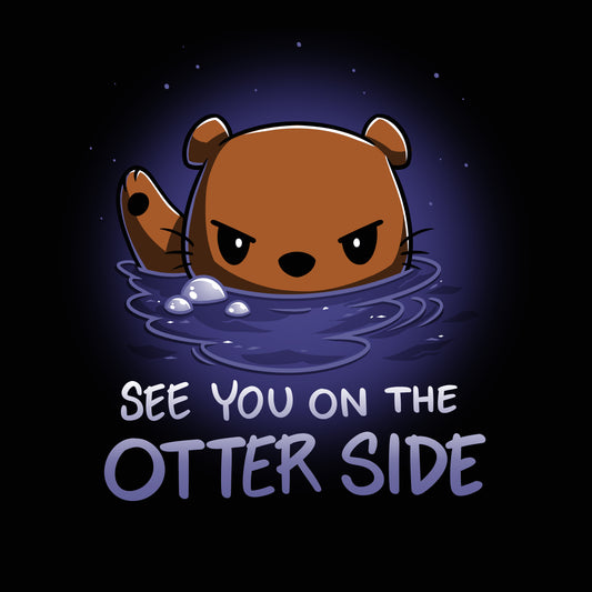 Cartoon otter with a serious expression partially submerged in water with bubbles around, dark background. Text below reads 