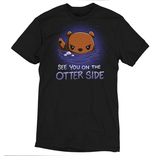A super soft ringspun cotton black T-shirt featuring an illustration of an otter peeking out of water, next to the text 