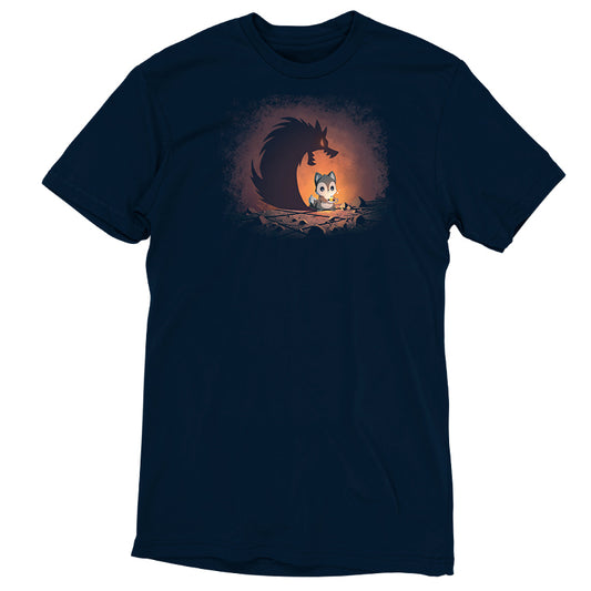 Premium Cotton T-shirt_TeeTurtle navy blue Spooky Shadow apparel featuring a wolf holding a candle with a shadow of a werewolf with its jaws open.