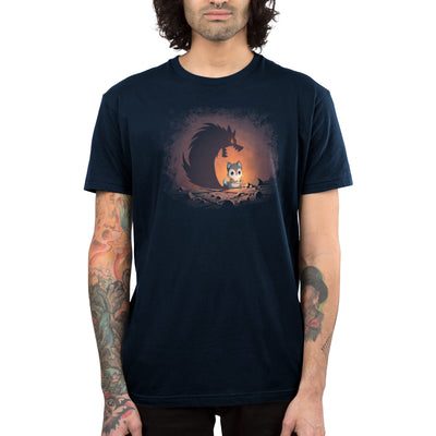 Premium Cotton T-shirt_TeeTurtle navy blue Spooky Shadow apparel featuring a wolf holding a candle with a shadow of a werewolf with its jaws open.