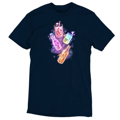 Premium Cotton T-shirt_TeeTurtle navy blue Soda Popolotls apparel featuring small colorful axolotls swimming among various soda drinks that come in a glass, bottle, and can.