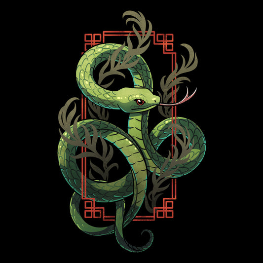 Premium Cotton T-shirt_TeeTurtle black Sinuous Snake apparel featuring a green snake coiled around leafy green plants and red frame.