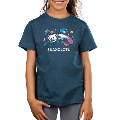 Premium Cotton T-shirt - A young girl wearing a super soft ringspun cotton Snaxolotl apparel, featuring an adorable cartoon axolotl and the text "SNAXOLOTL." This monsterdigital original ensures comfort and style.