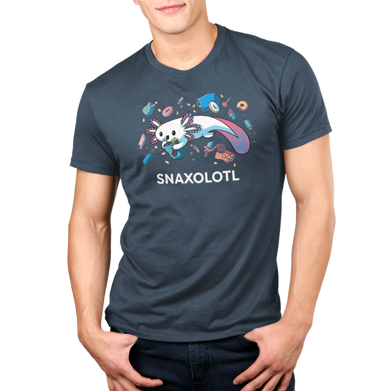 Premium Cotton T-shirt - Person wearing a dark blue Snaxolotl apparel made from super soft ringspun cotton, featuring an illustrated design of a cute axolotl surrounded by snacks and the word "SNAXOLOTL" written below the image. This monsterdigital original is perfect for any casual outing.