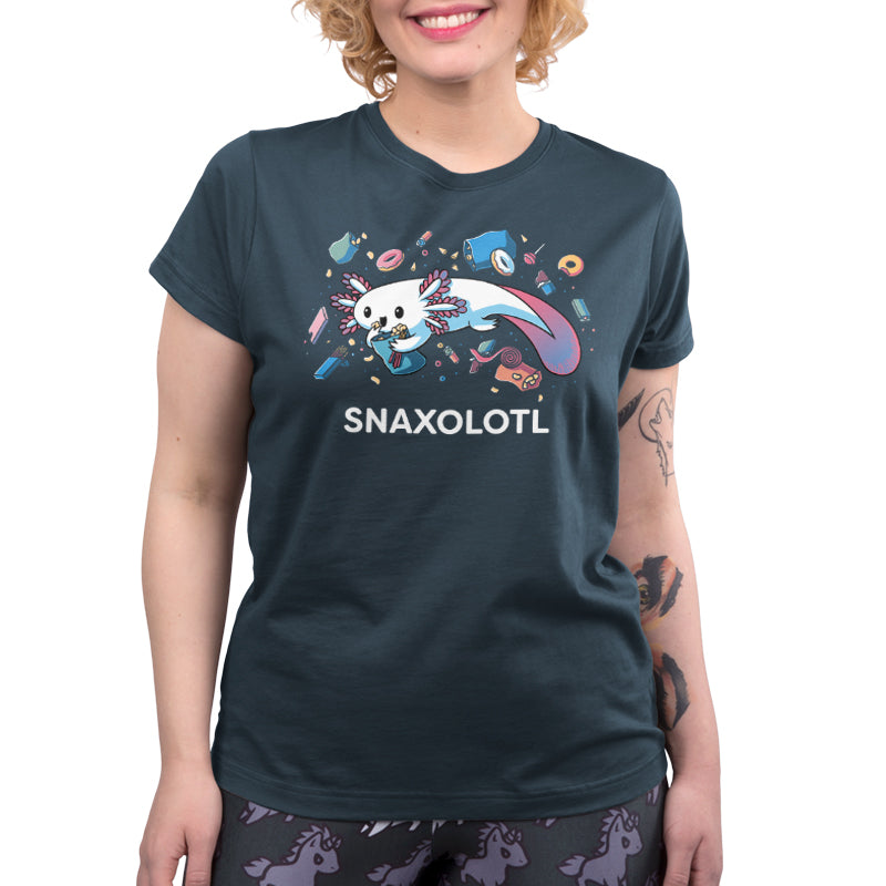 Premium Cotton T-shirt - A person is wearing a dark Snaxolotl apparel by monsterdigital, featuring a cartoon axolotl surrounded by various snacks and the text "SNAXOLOTL." The super soft ringspun cotton apparelpairs perfectly with their curly hair and visible tattoo on their left arm.