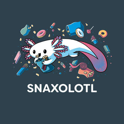 Premium Cotton T-shirt_Teeturtle Snaxolotl denim t-shirt featuring an axolotl surrounded by various floating snacks with the word "SNAXOLOTL" below.