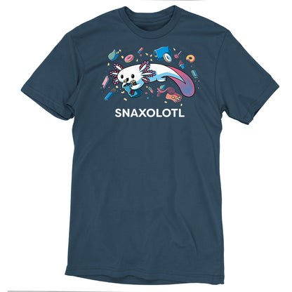 Premium Cotton T-shirt - A blue Snaxolotl apparel featuring a cartoon axolotl surrounded by snacks with "SNAXOLOTL" printed beneath. This monsterdigital original is made from Super Soft Ringspun Cotton, ensuring ultimate comfort.