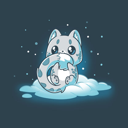 Premium Cotton T-shirt_TeeTurtle Snuggly Snow Leopard Denim t-shirt featuring a cartoon-style baby snow leopard with large eyes sitting on a cloud, hugging its tail, against a dark background with falling snowflakes. 