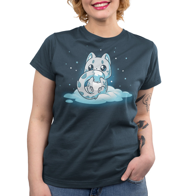 Premium Cotton T-shirt - Person wearing a Snuggly Snow Leopard by monsterdigital made of super soft ringspun cotton, featuring a cute, illustrated design of a fox and its curled-up baby fox sitting on a cloud.