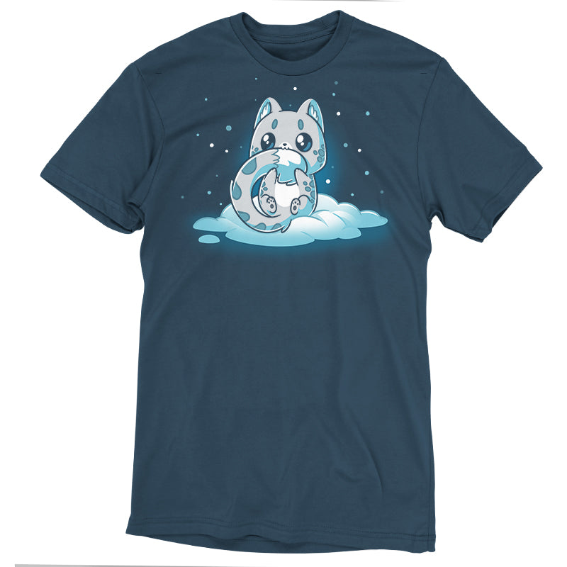 Premium Cotton T-shirt_TeeTurtle Snuggly Snow Leopard Denim t-shirt featuring a cartoon-style baby snow leopard with large eyes sitting on a cloud, hugging its tail, against a dark background with falling snowflakes. 