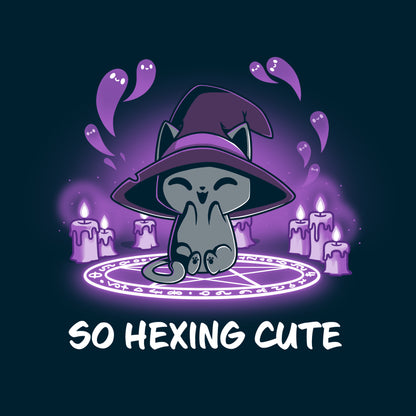 Premium Cotton T-shirt_TeeTurtle navy blue So Hexing Cute. Featuring a cat with a witch hat sitting in the middle of a summoning pentagram.