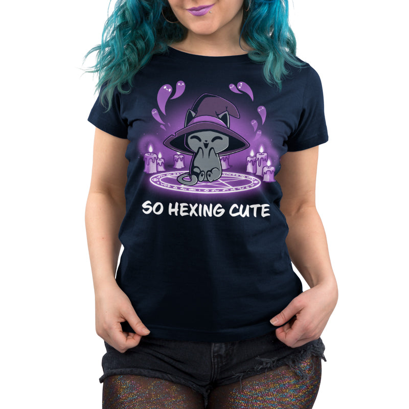 Premium Cotton T-shirt_TeeTurtle navy blue So Hexing Cute. Featuring a cat with a witch hat sitting in the middle of a summoning pentagram.