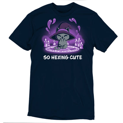 Premium Cotton T-shirt_TeeTurtle navy blue So Hexing Cute. Featuring a cat with a witch hat sitting in the middle of a summoning pentagram.